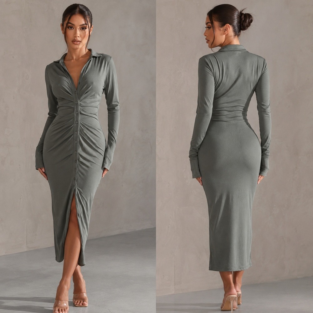Coucoo Button Front Midi Dress M Sage Ruched Long Sleeve Bodycon Party Club Chic